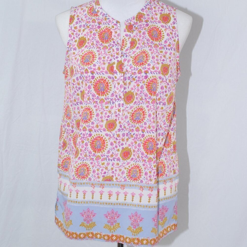 Dalia Womens Small BOHO Top Sleeveless Floral Shirt Oversized Hippie Flowy Pink